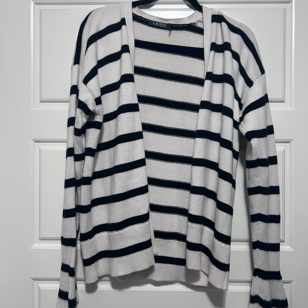Ralph Lauren White and Navy Striped Open-Front Cardigan
